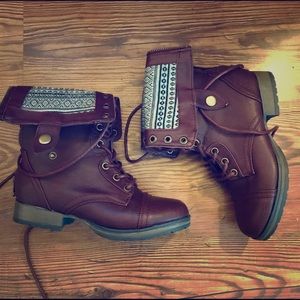 Burgundy Faux Leather Fold-over Combat Boots
